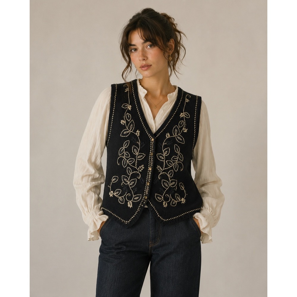 Vintage Black Embroidered Sweater Vest Cottagecore Boho Ramie Cotton XL